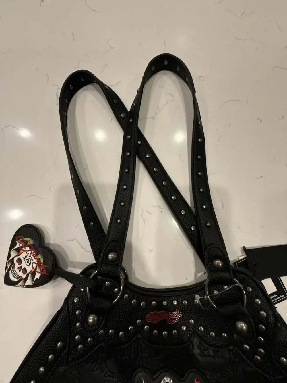 Ed Hardy Black Vegan Leather Studded Crossbody Shoulder Handbag with Rhinestone